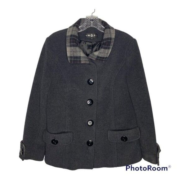 Marcona Coat Women's M Gray Wool Blend Vintage 90s Plaid Collar Button Down - Picture 1 of 10